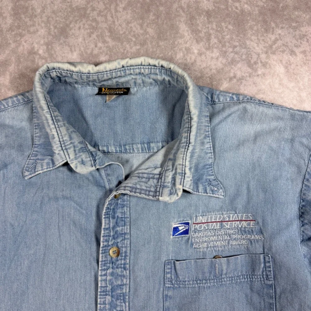 Vintage Nemesis Sportswear USPS Denim Shirt Mens 2XL Blue Long Sleeve USA Made